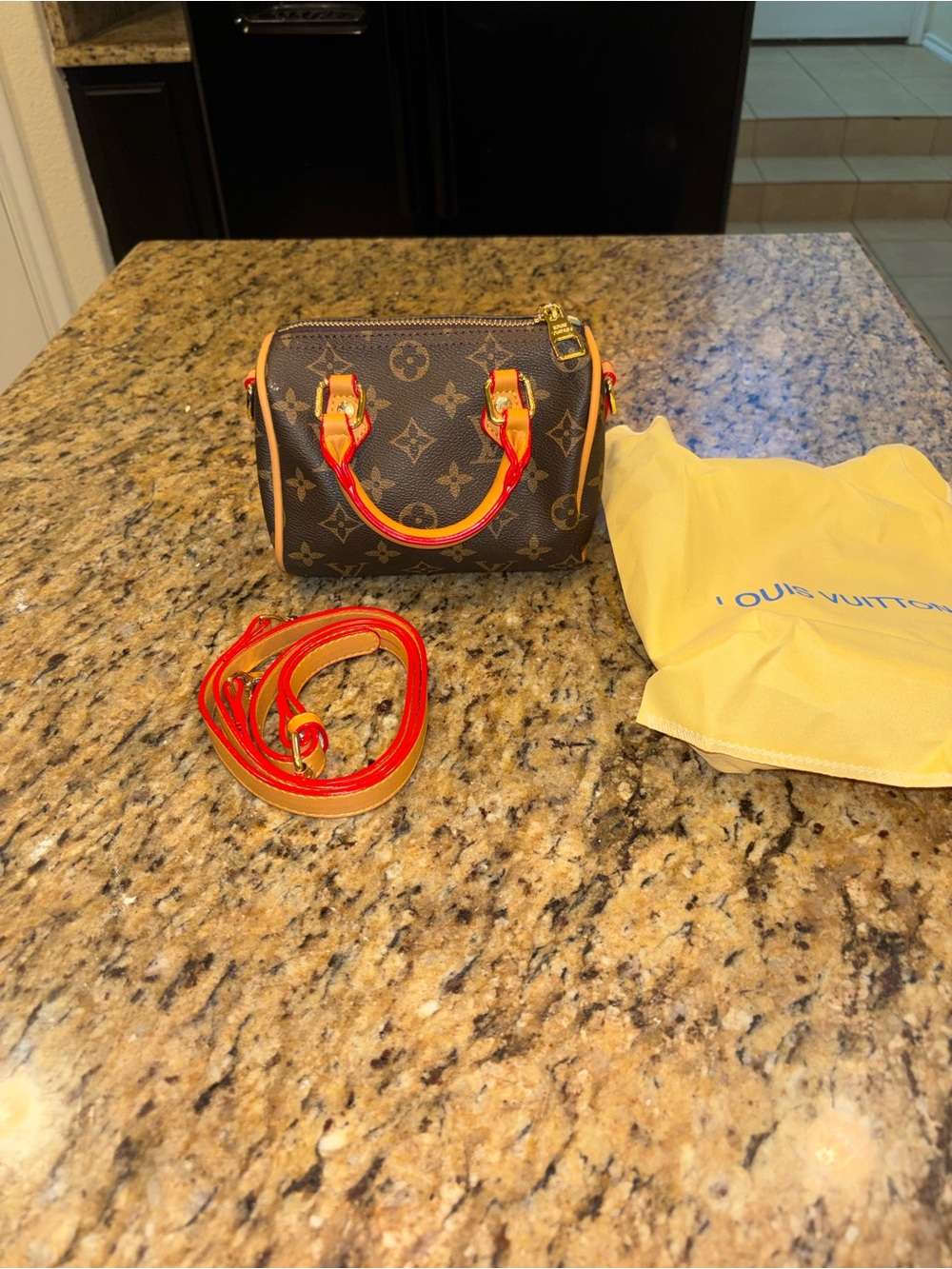 Brown Monogram Satchel with Red-Orange Handles - Picture 7 of 9